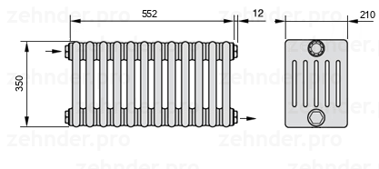 Схема (чертеж) Радиатор Zehnder Charleston 6035/12 №1670 Белый глянцевый RAL 9016